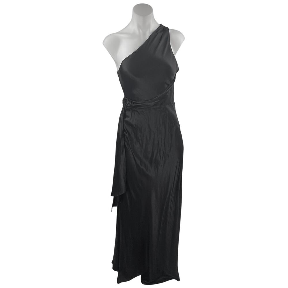 NEW Meshki Black Silk Satin One Shoulder Sleeveless Tie Waist Maxi Dress Size S